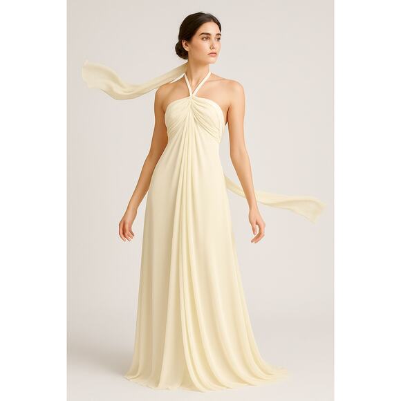 Vintage 80s Romantic Halter Evening Gown Ivory Draped Maxi Dress 13/14 Wedding - Picture 1 of 12